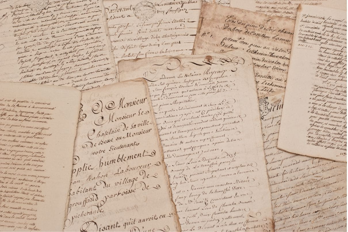A stack of aged papers covered in handwritten text, representing historical documents